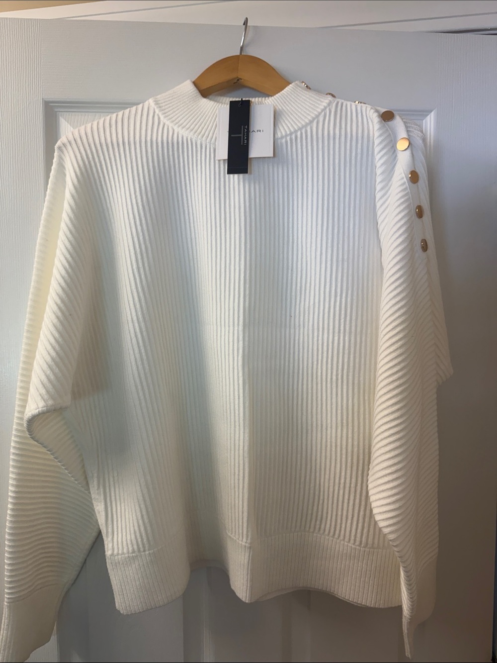 Tahari Cream Ribbed Cowlneck Sweater with Gold Buttons